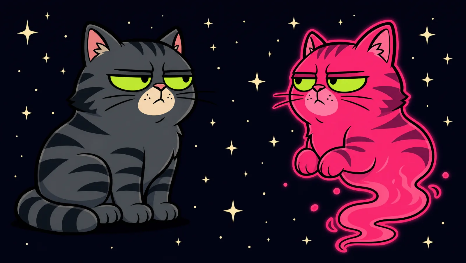 The cartoon cat and her ghost staring flatly at each other.