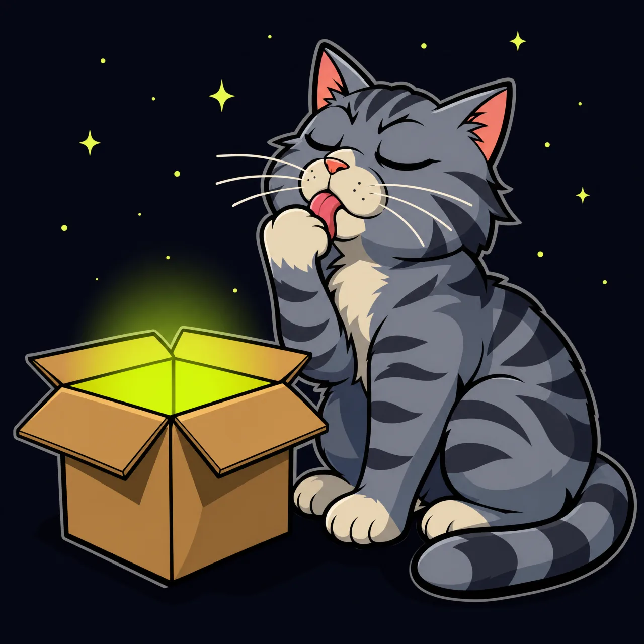 The cat sits beside the opened box licking a paw, indifferent.